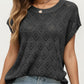 Short Sleeve Knit Top with Floral Eyelet Pattern and Ribbed Crew Neck