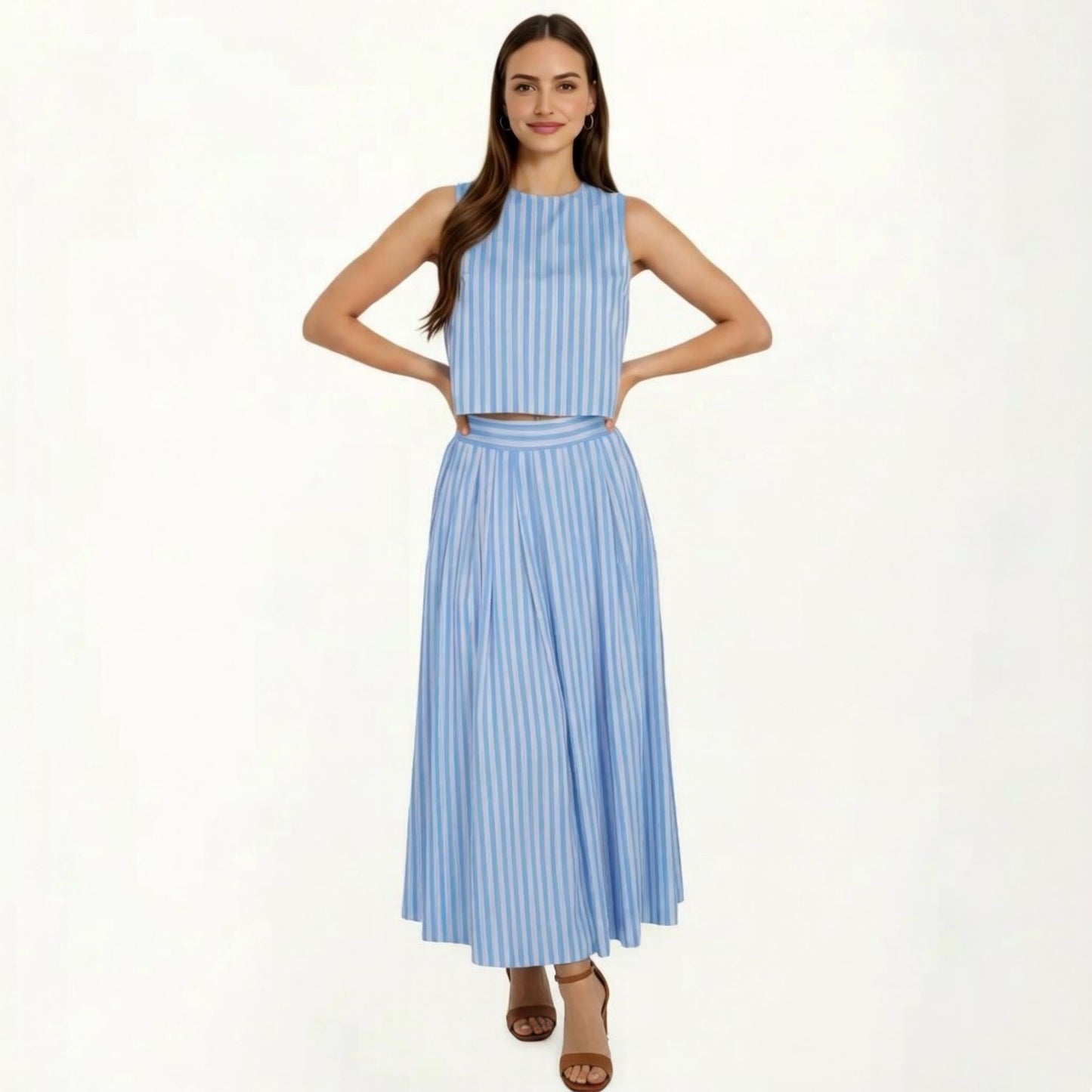 Sleeveless Striped Two Piece Set Crop Top and Midi Skirt with Back Button Detail Flowy High Waist Set