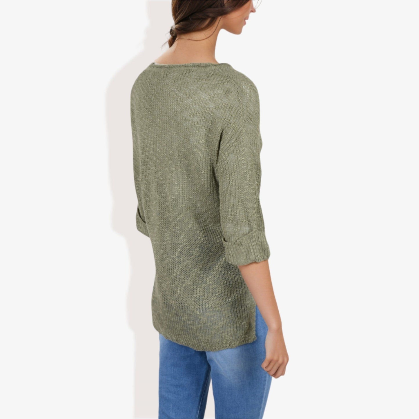 Lightweight Long Sleeve Knit Top Notch Neck Rolled Cuffs