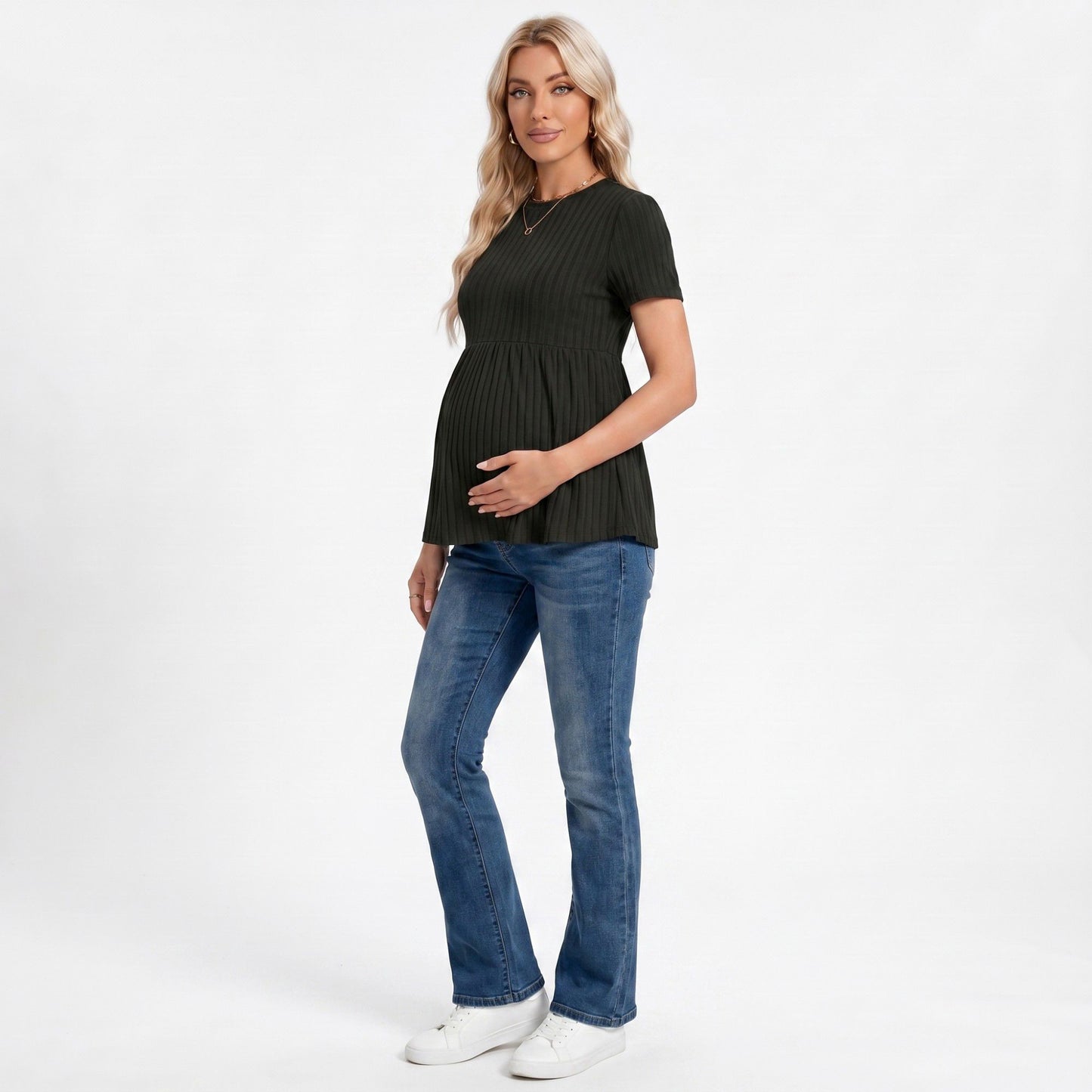 Short Sleeve Rib Knit Peplum Maternity Top with Round Neck