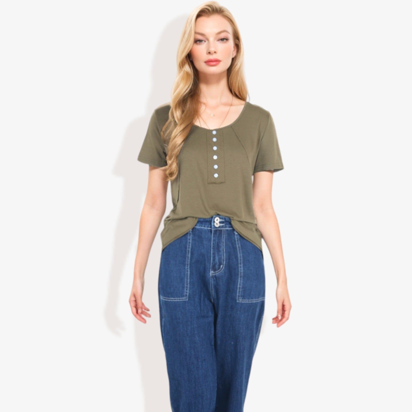 Solid Round Neck Short Sleeve Top with Decorative Buttons