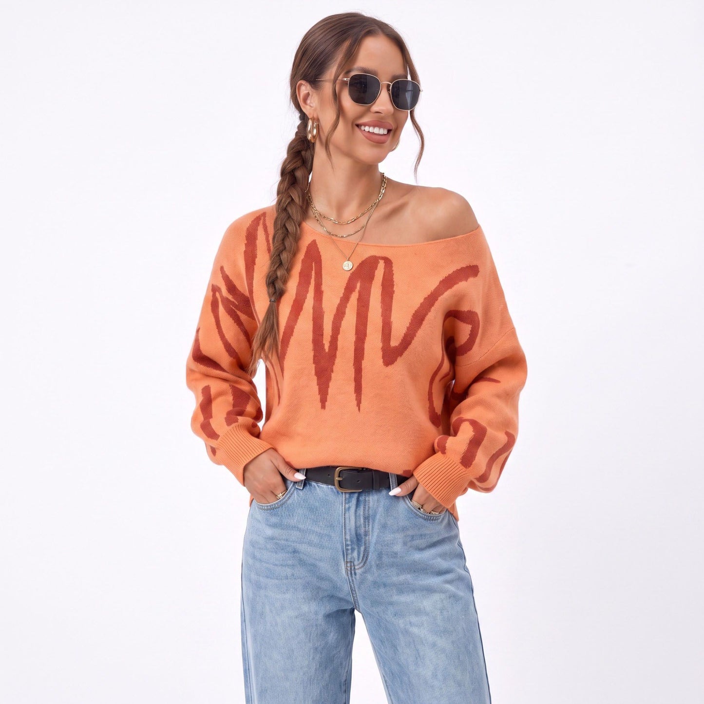 Abstract Graphic Print Long Sleeve Knit Sweater