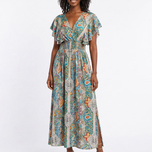 Paisley Print Maxi Dress with V Neck Flutter Sleeves Smocked Waist and Side Slit