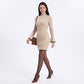 Ribbed Turtleneck Mini Sweater Dress Flare Sleeve Contrast Trim Fitted
