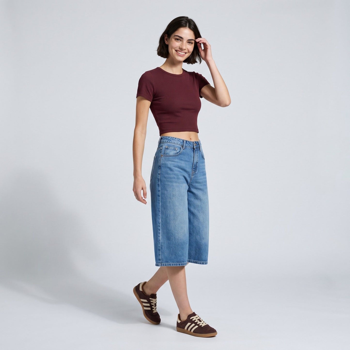 High-Waisted Cropped Wide-Leg Denim Trousers