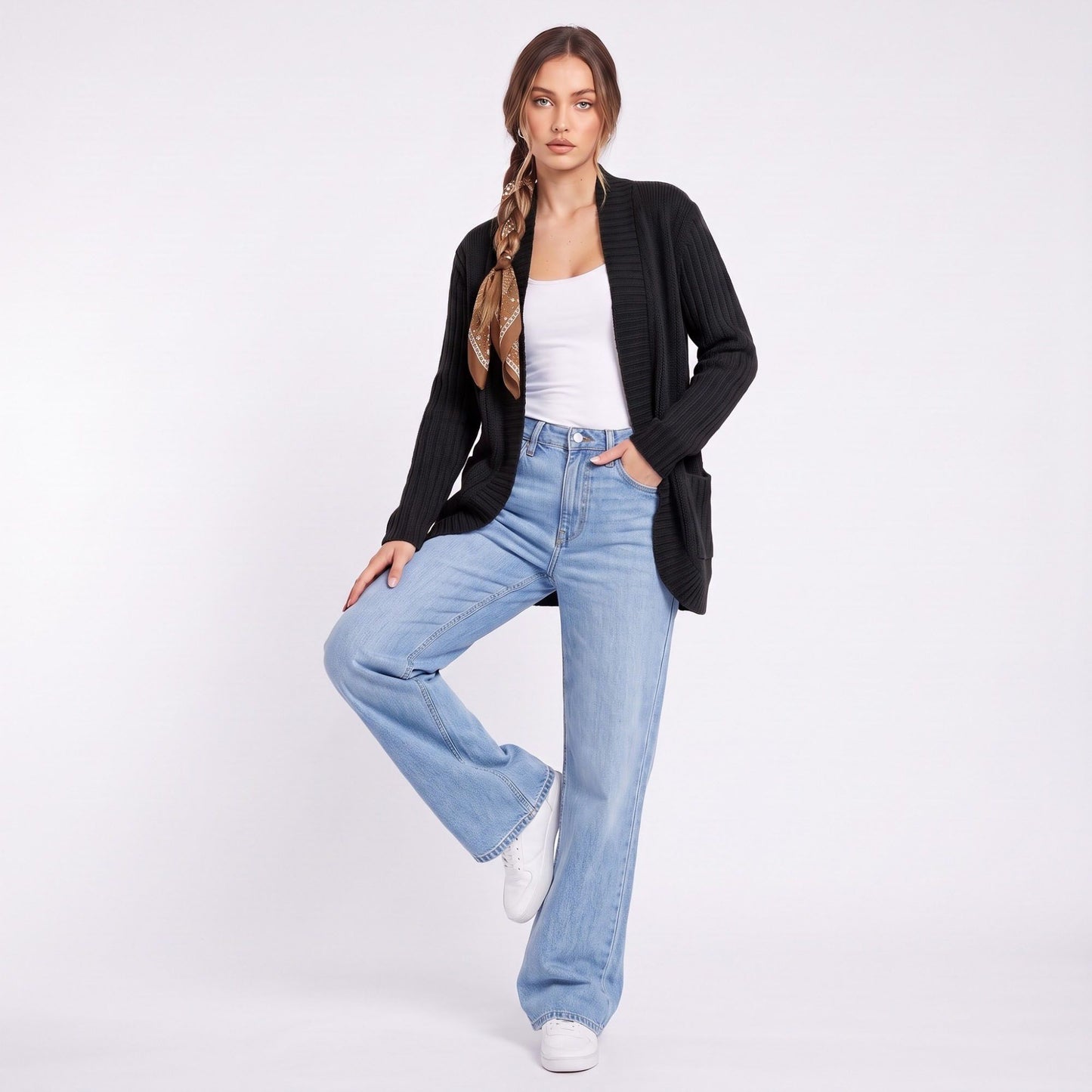 Open Front Ribbed Knit Cardigan with Pockets