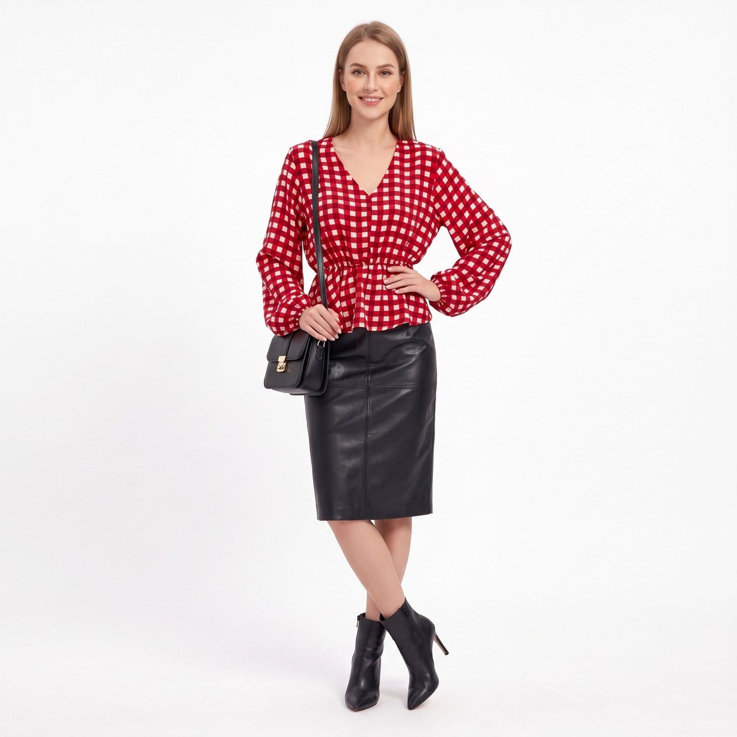 Checkered Peplum Blouse V Neck Long Sleeve Casual Top