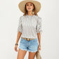 Striped Short Sleeve Blouse with Ruffle Trim High Neck and Ruched Tie Sleeves