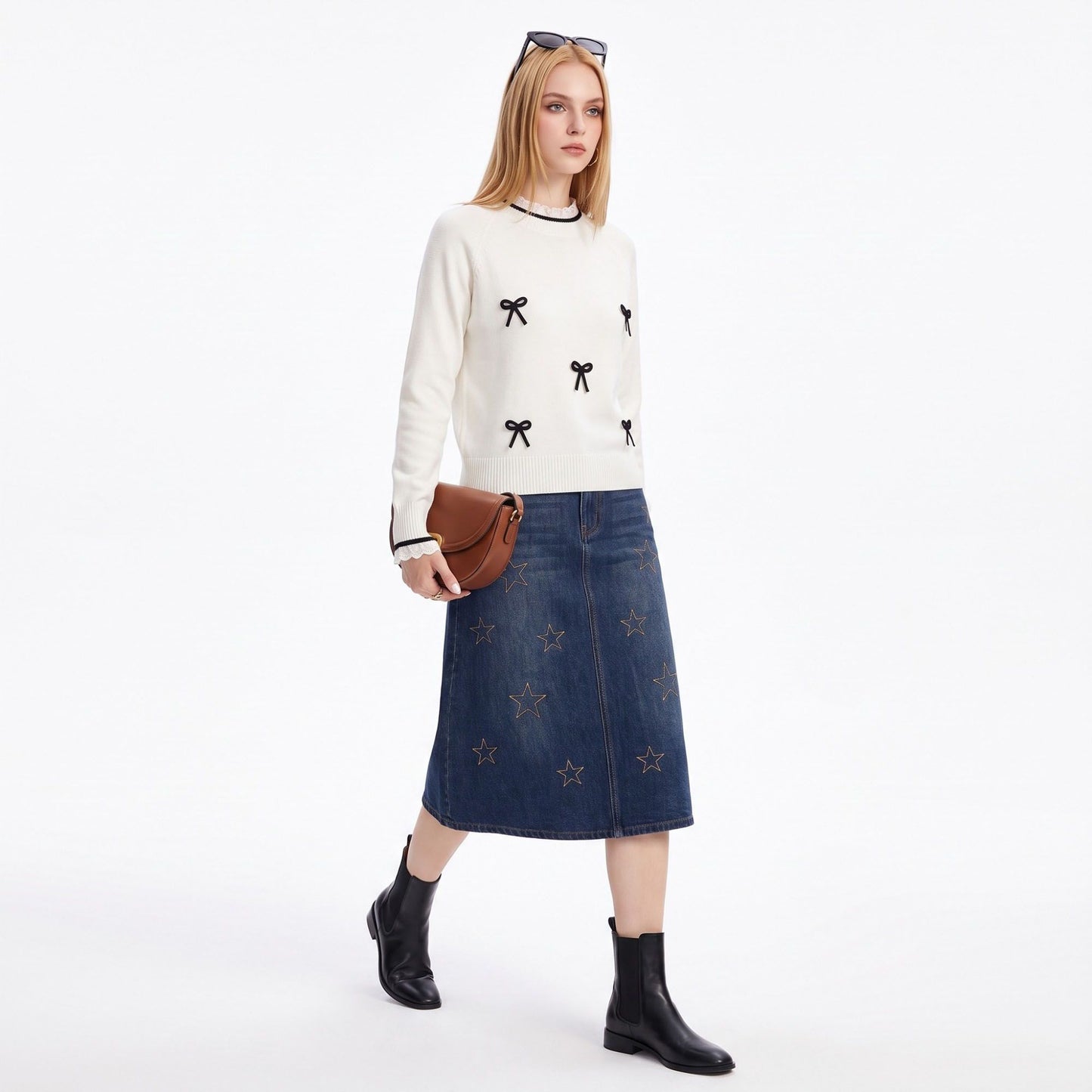 Bow Applique Crewneck Long Sleeve Sweater with Lace Trim