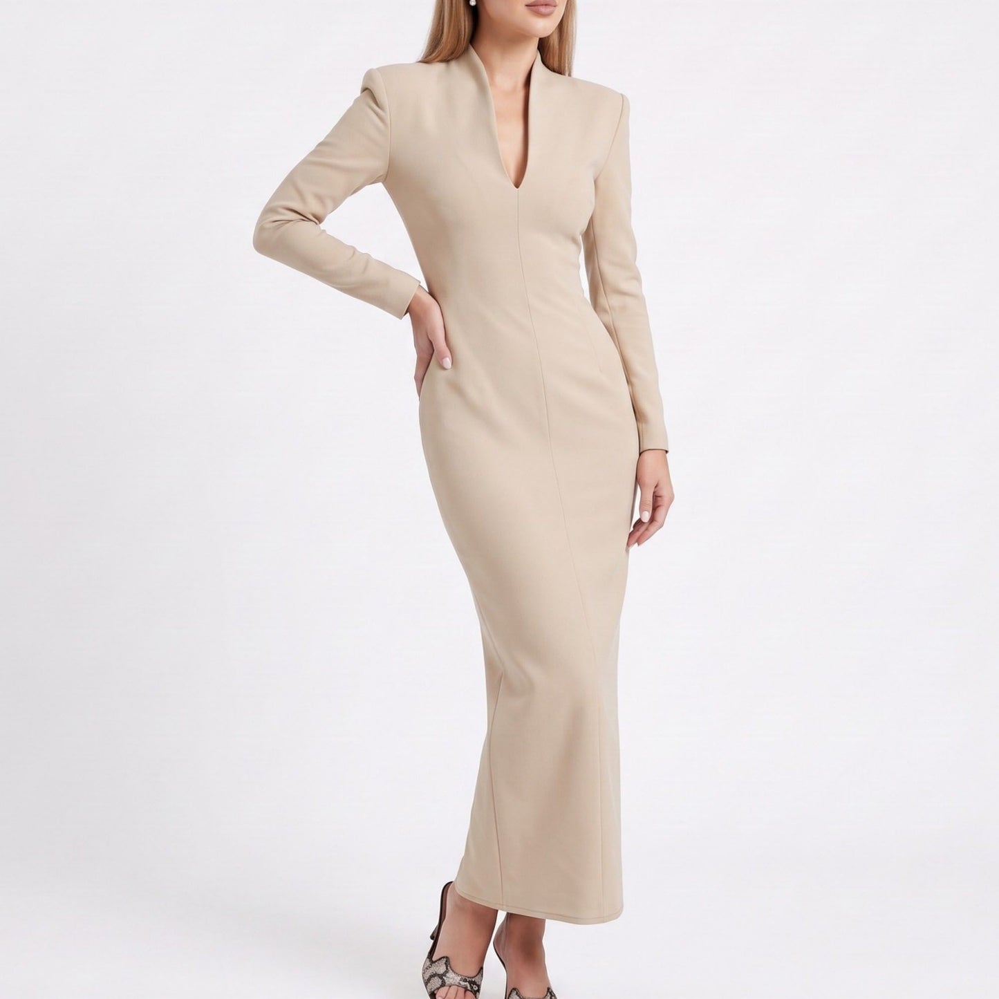 Long Sleeve Maxi Dress with Deep V Neck and Back Slit
