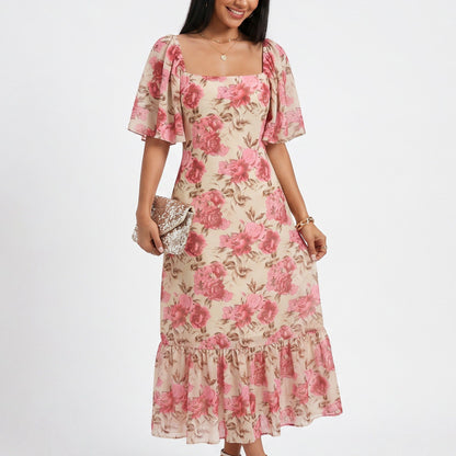 Floral Midi Dress Square Neck Flutter Sleeve Ruffle Hem Dress