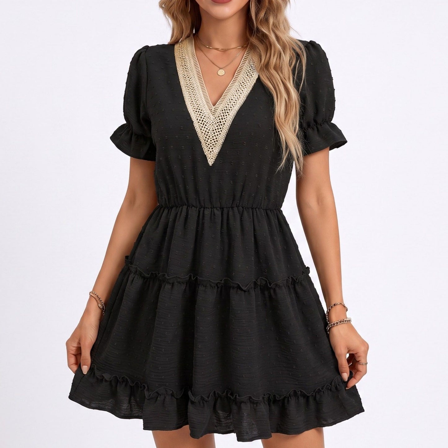 Swiss Dot V-Neck Lace Trim Tiered Ruffle Mini Dress