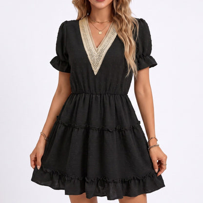 Swiss Dot V-Neck Lace Trim Tiered Ruffle Mini Dress