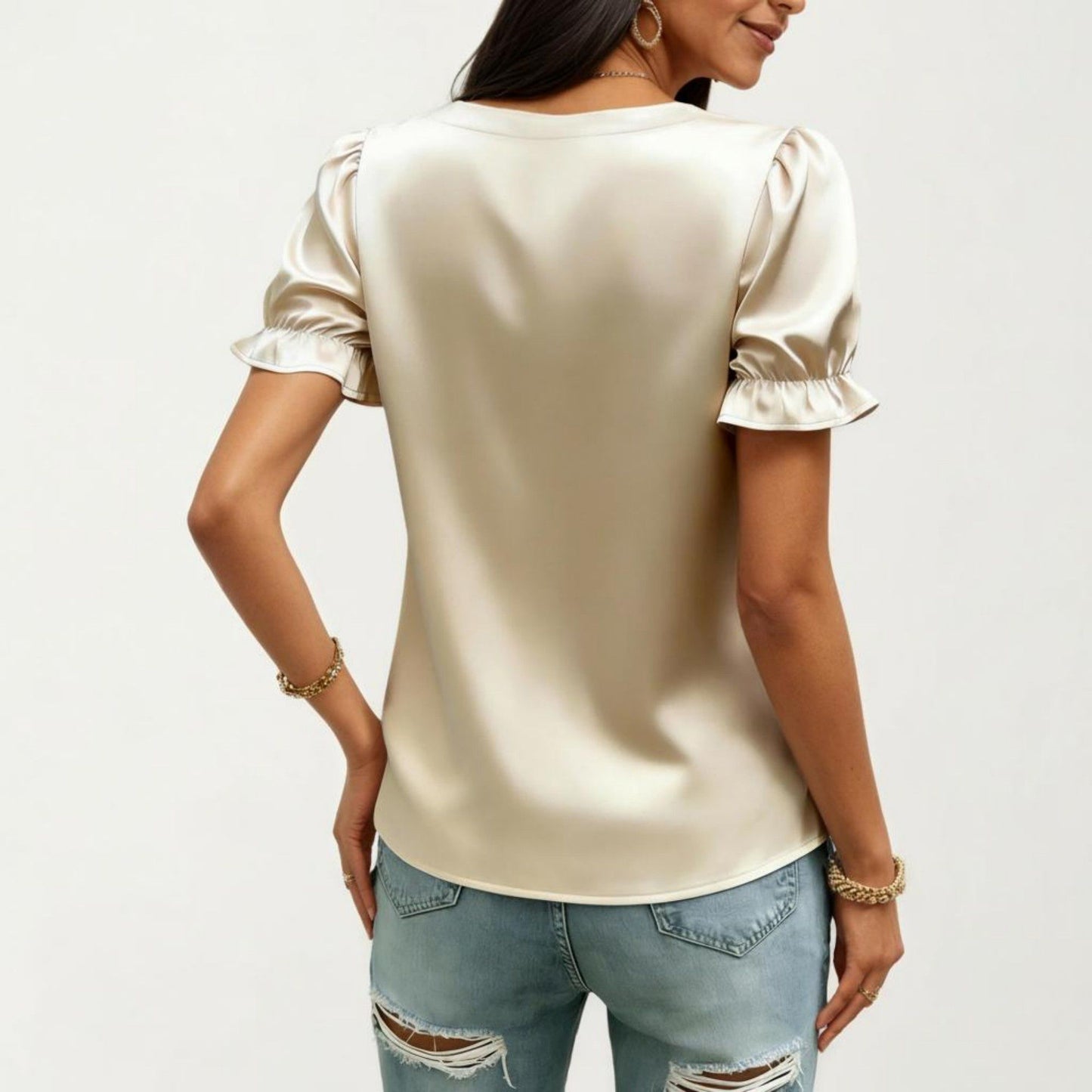 Satin Faux Pearl Neck Top with Puff Sleeves and Smooth Draped Finish
