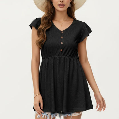 Eyelet Babydoll Top with V-Neckline Button Front and Flutter Sleeves