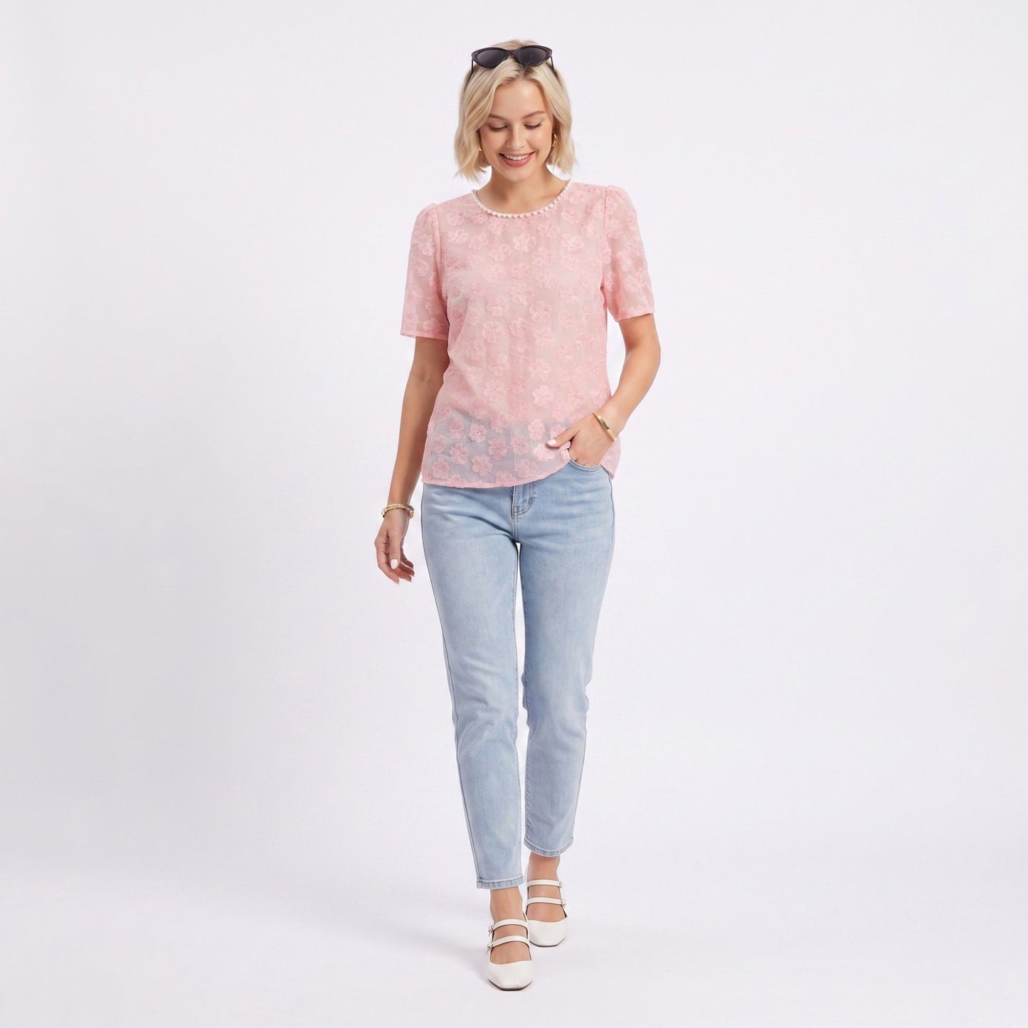 Sheer Floral Embroidered Top Pearl Neckline Short Sleeve Blouse