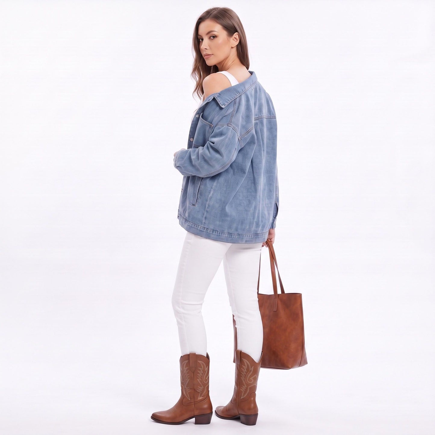 Oversized Denim Jacket Button Front Long Sleeve Casual Jean Shacket With Pockets