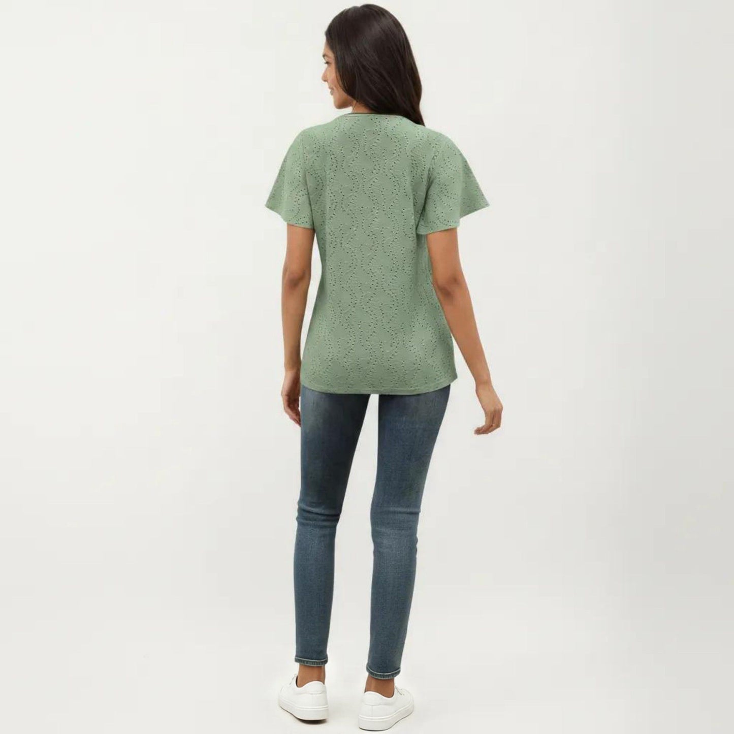 Short Sleeve Eyelet V-Neck Top with Floral Embroidery and Flutter Sleeves
