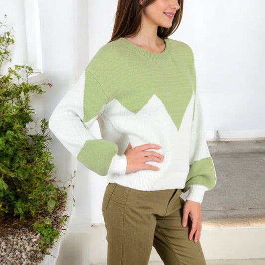 Zigzag Color Block Sweater with Long Sleeves and Crew Neck