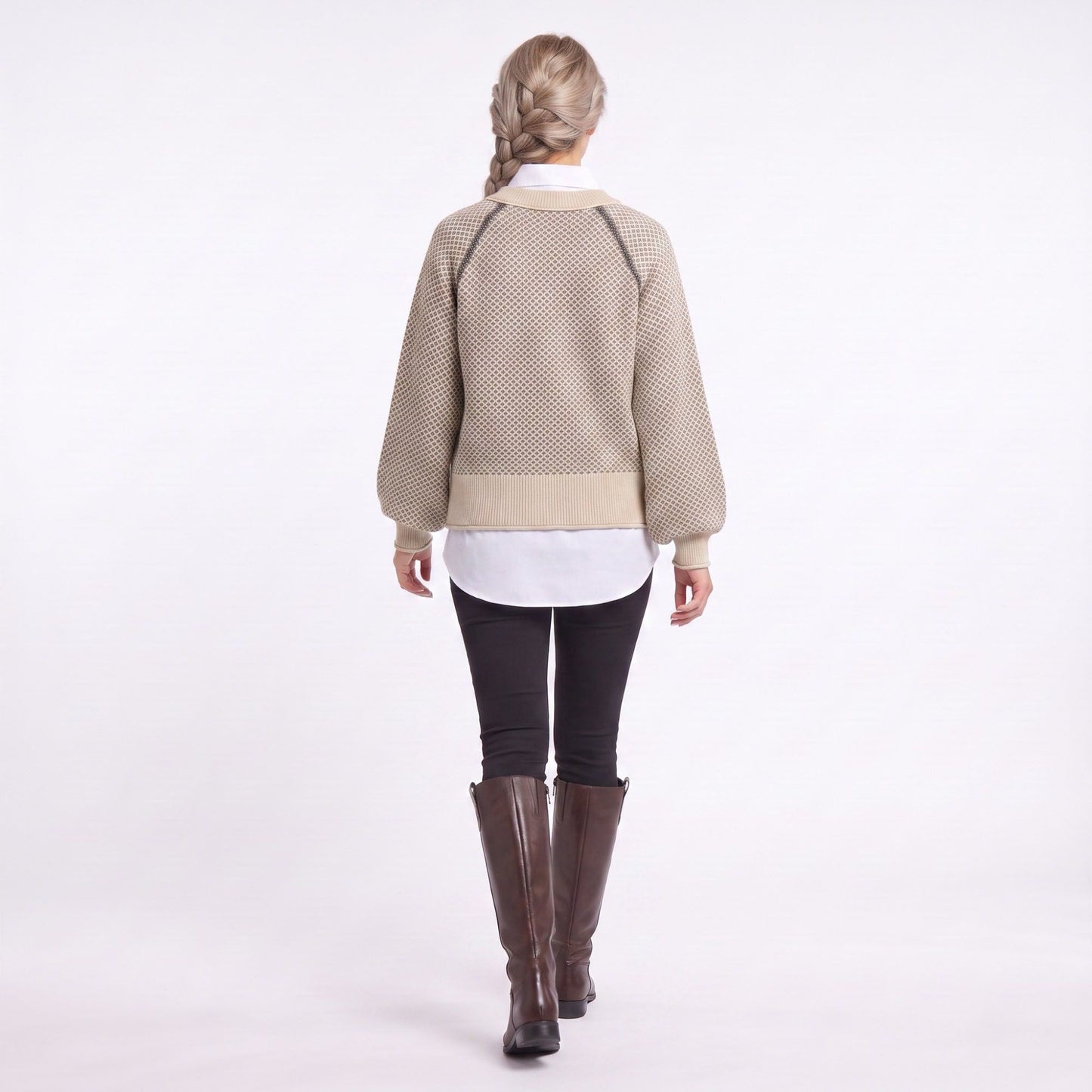 Patterned Crewneck Knit Sweater with Chain Accent