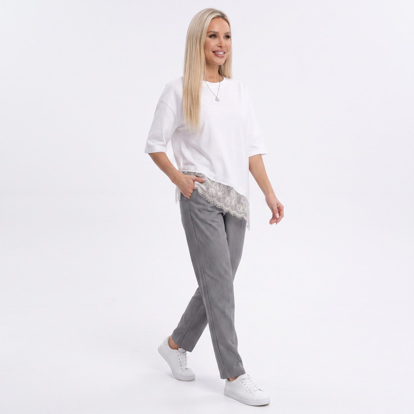 Lace Trim T-Shirt Asymmetric Hem Short Sleeve Crew Neck Top
