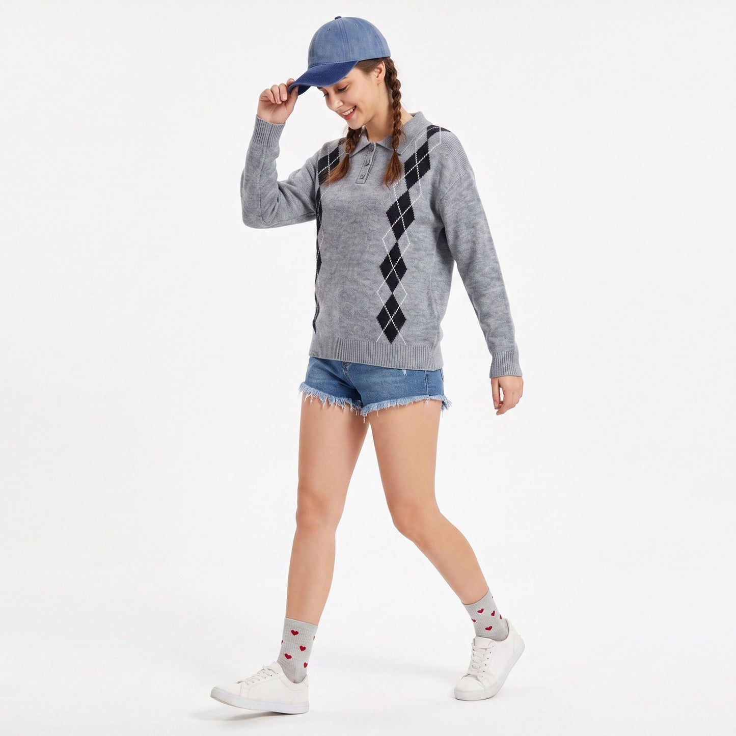 Argyle Polo Collar Button Front Long Sleeve Knit Sweater