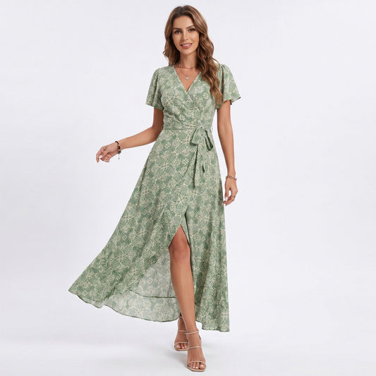 Floral Print Wrap Maxi Dress with V Neck Short Flutter Sleeves Tie Waist and Front Slit