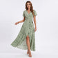 Floral Print Wrap Maxi Dress with V Neck Short Flutter Sleeves Tie Waist and Front Slit