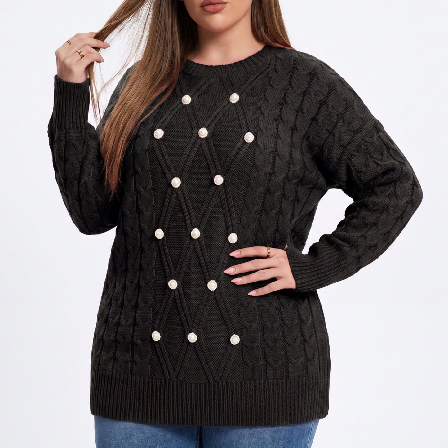 Plus Size Faux Pearl Cable Knit Tunic Sweater