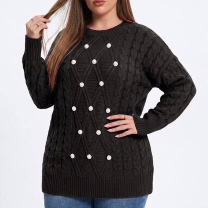 Plus Size Faux Pearl Cable Knit Tunic Sweater