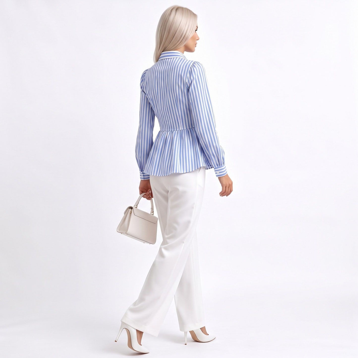 Striped Long Sleeve Button Down Peplum Shirt with Collared Neckline