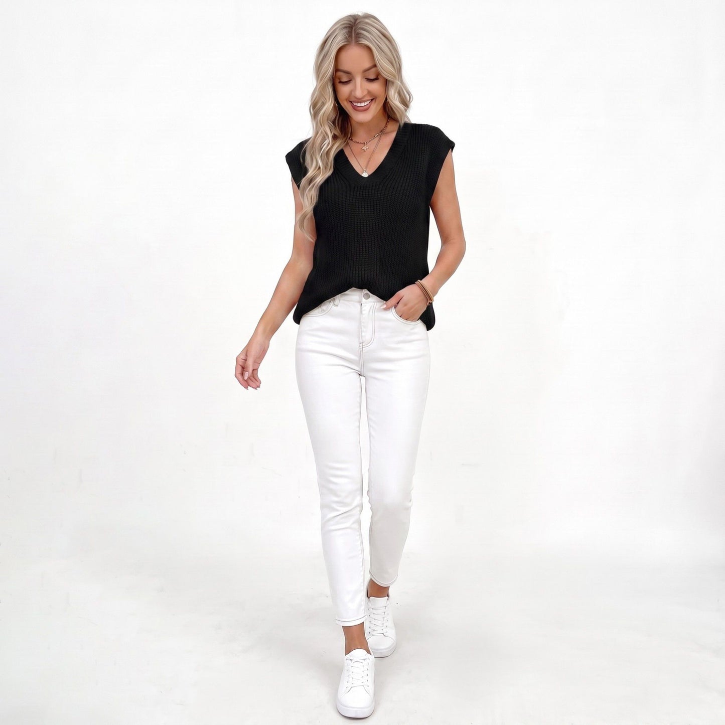 V Neck Sweater Vest Sleeveless Textured Knit Pullover Top