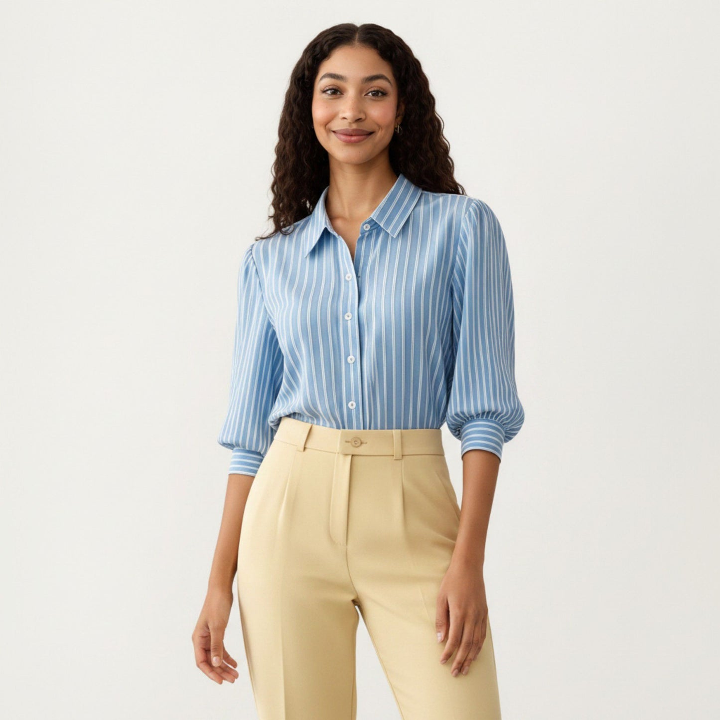 Striped Button Down Blouse with Collared Neckline and Puff Sleeves