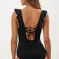 Maternity One-Piece Swimsuit with Ruffled Sleeves and Tie Front Detail