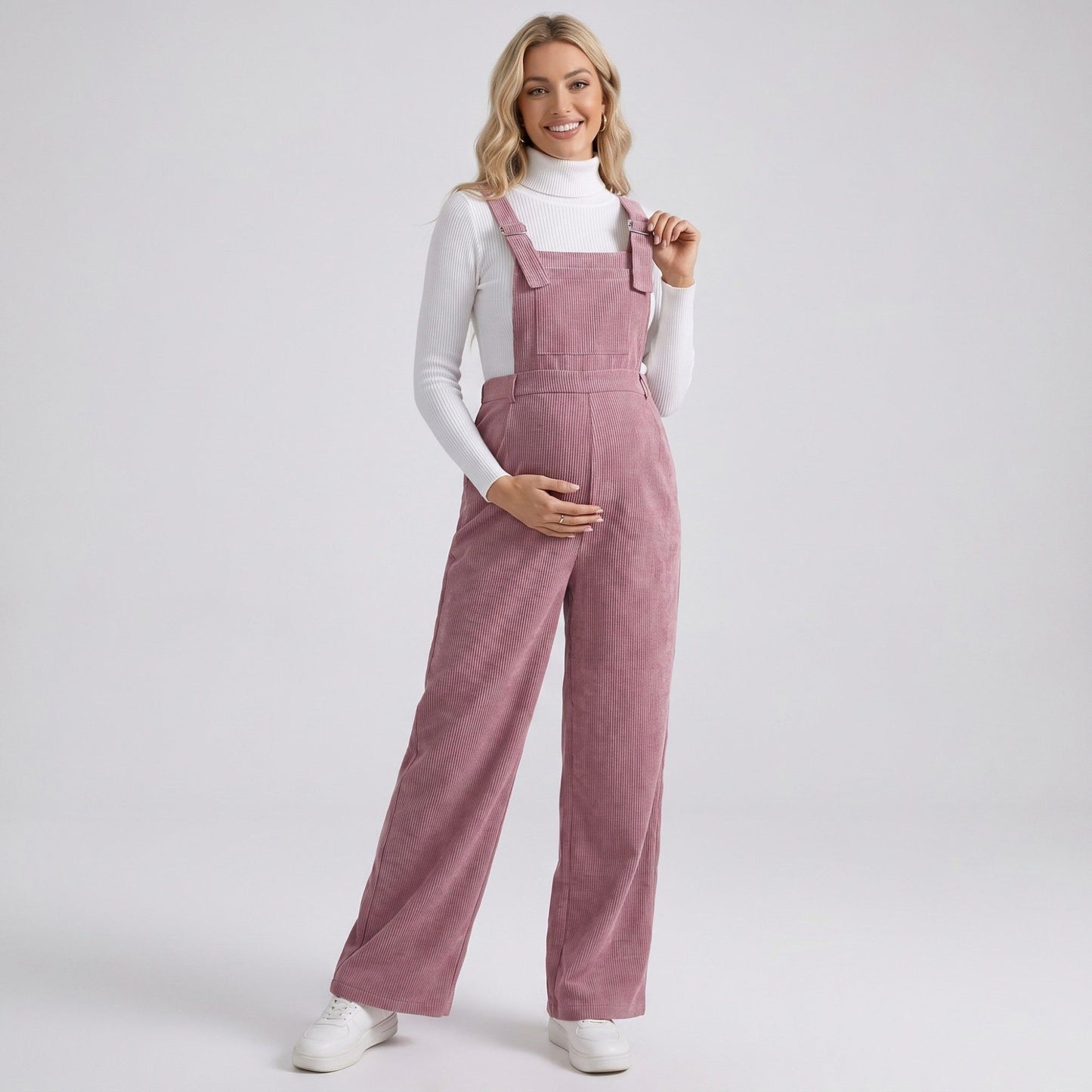 Maternity Corduroy Overall Jumpsuit with Adjustable Straps and Wide Leg Fit