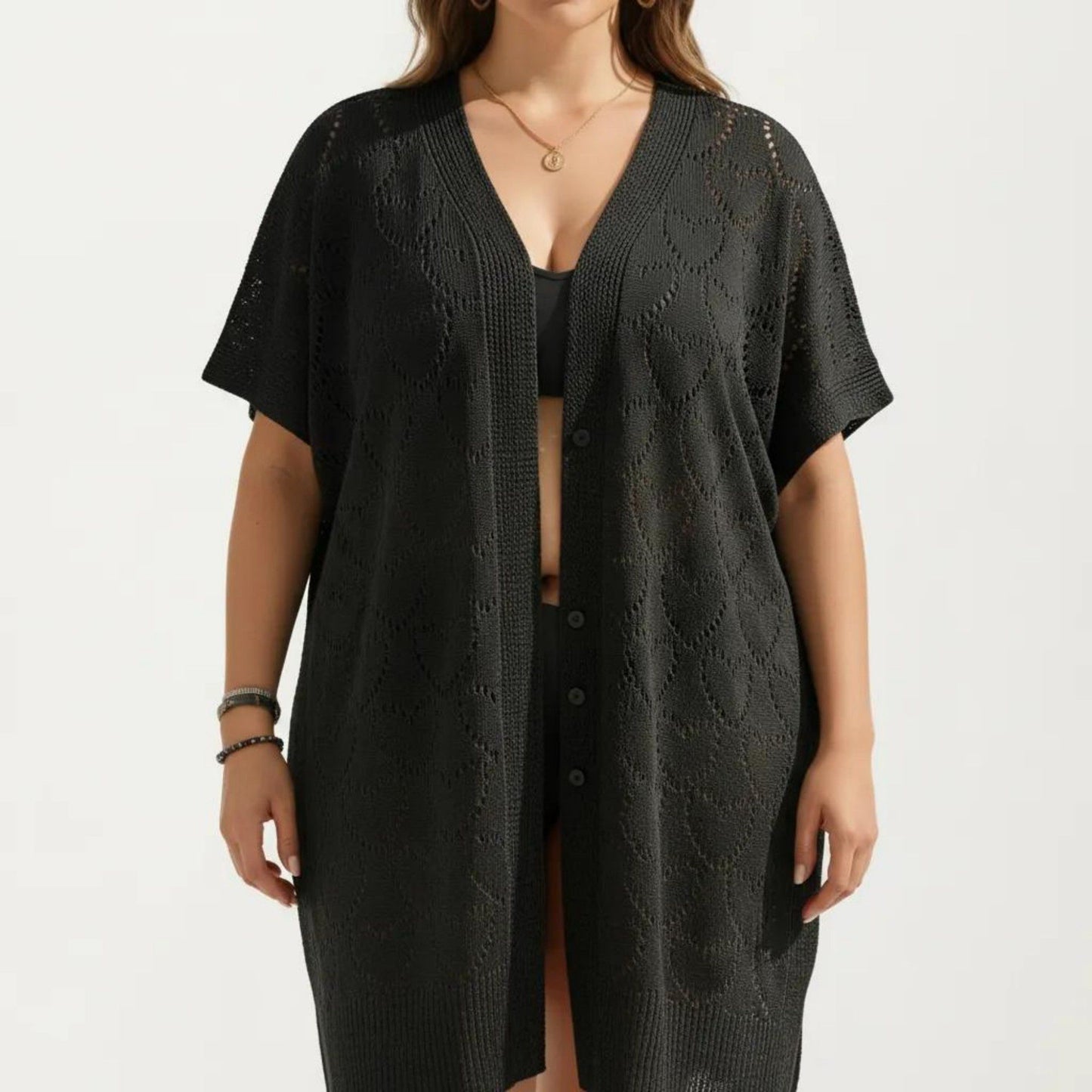 Open Front Knit Cardigan with Heart Pointelle Pattern Short Sleeves Relaxed Mid Length Fit