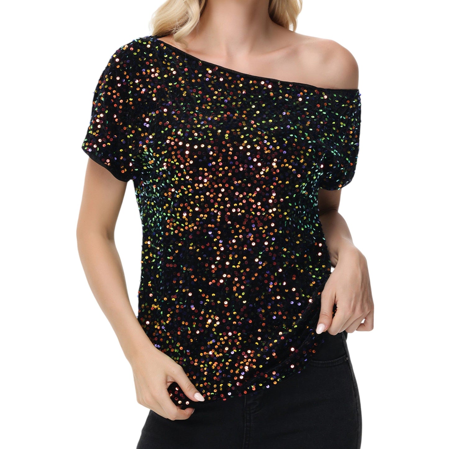 Off-Shoulder Sequin Short Sleeve Top with Relaxed Fit