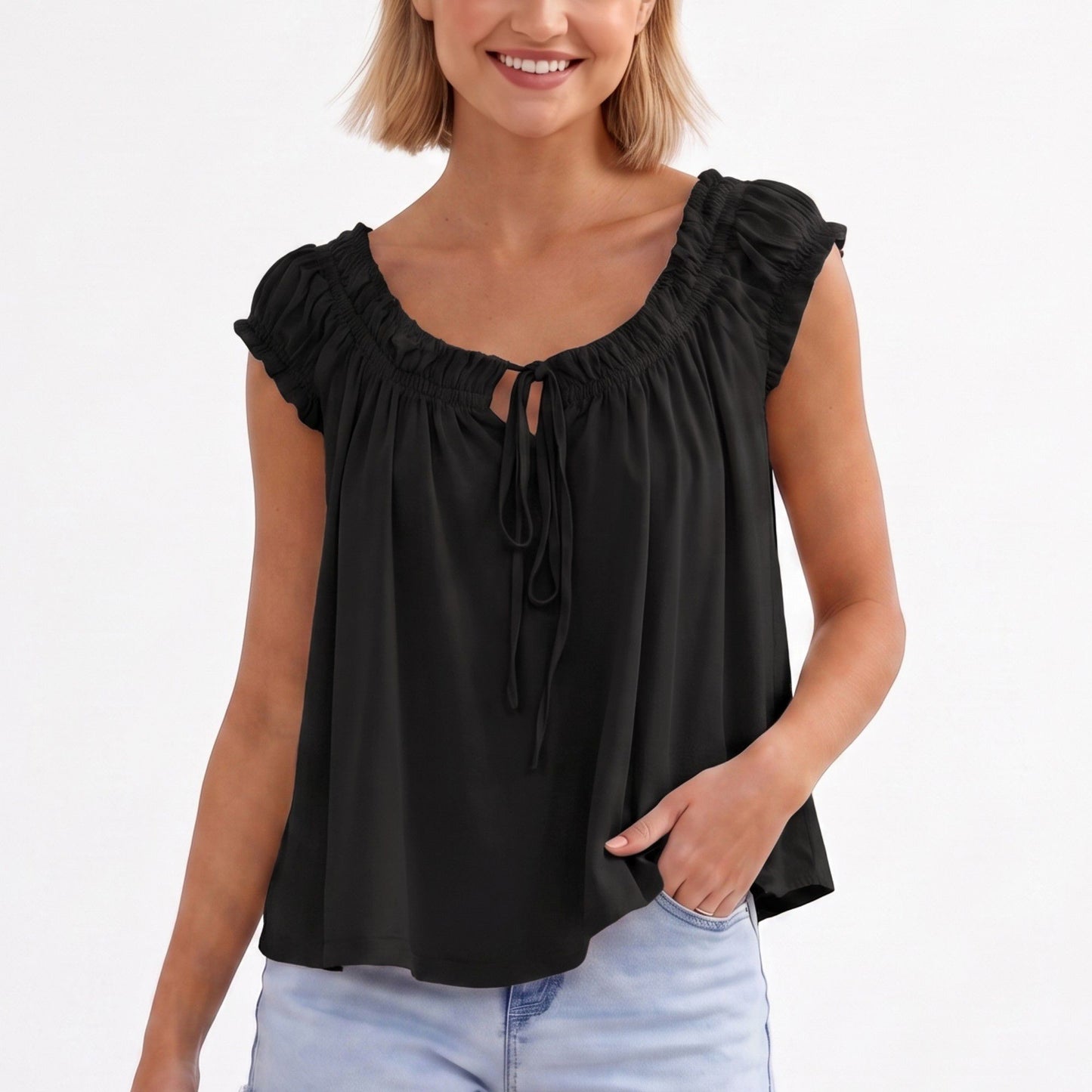 Ruffle Sleeve Blouse Smocked Neck Tie Front Flowy Top