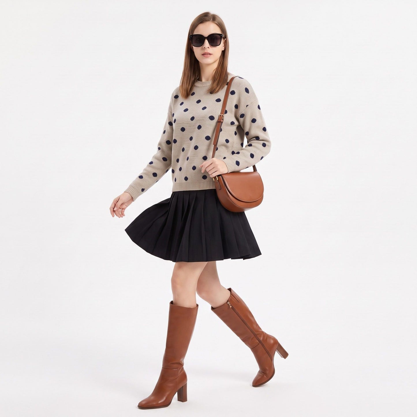 Polka Dot Crewneck Long Sleeve Pullover Sweater