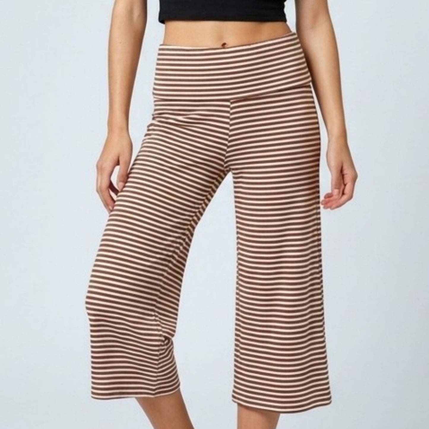 Foldover Waistband Striped Cropped Wide-Leg Trousers