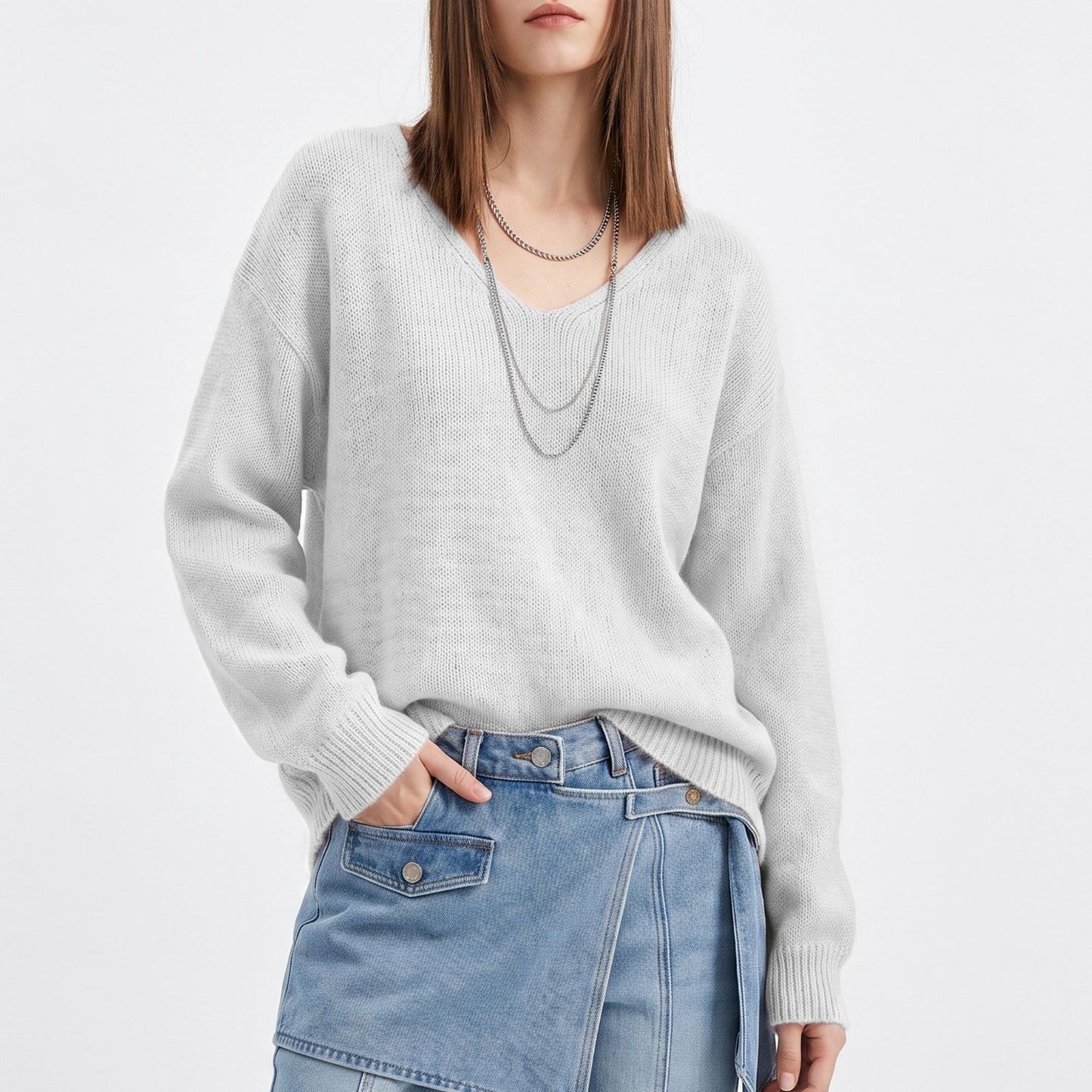 Oversized V Neck Longline Knit Pullover Sweater