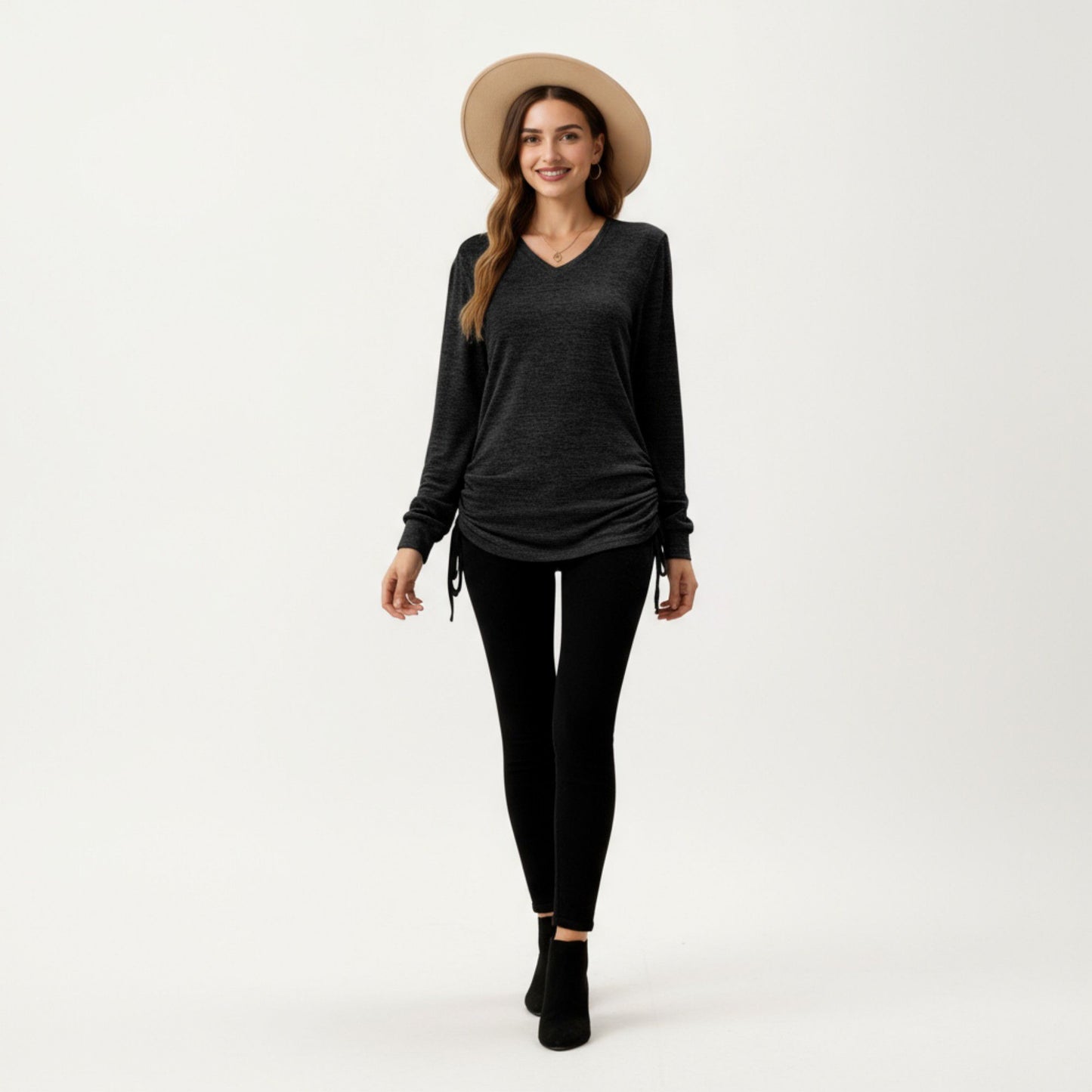 Long Sleeve V-Neck Top with Side Drawstring Ruched Hem