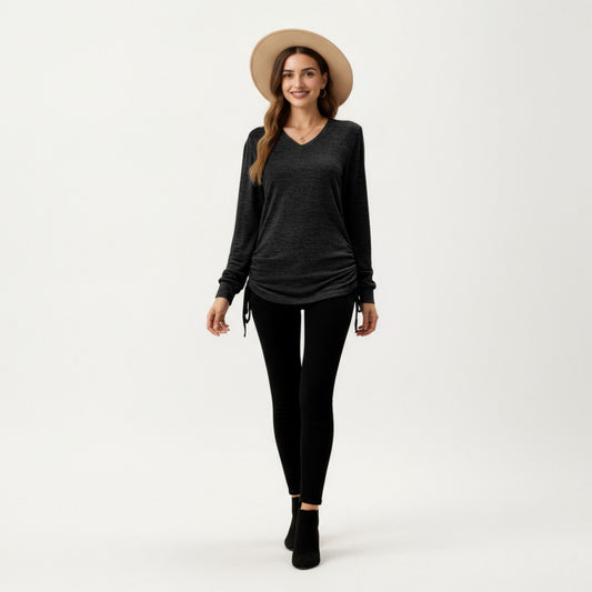 Long Sleeve V-Neck Top with Side Drawstring Ruched Hem