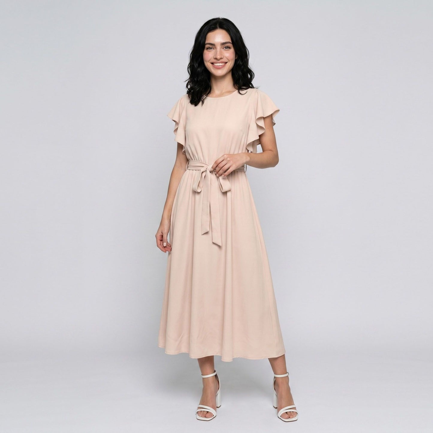 Flutter Sleeve Tie Waist Midi Dress with Round Neckline Flowy A Line Skirt and Soft Gathered Silhouette
