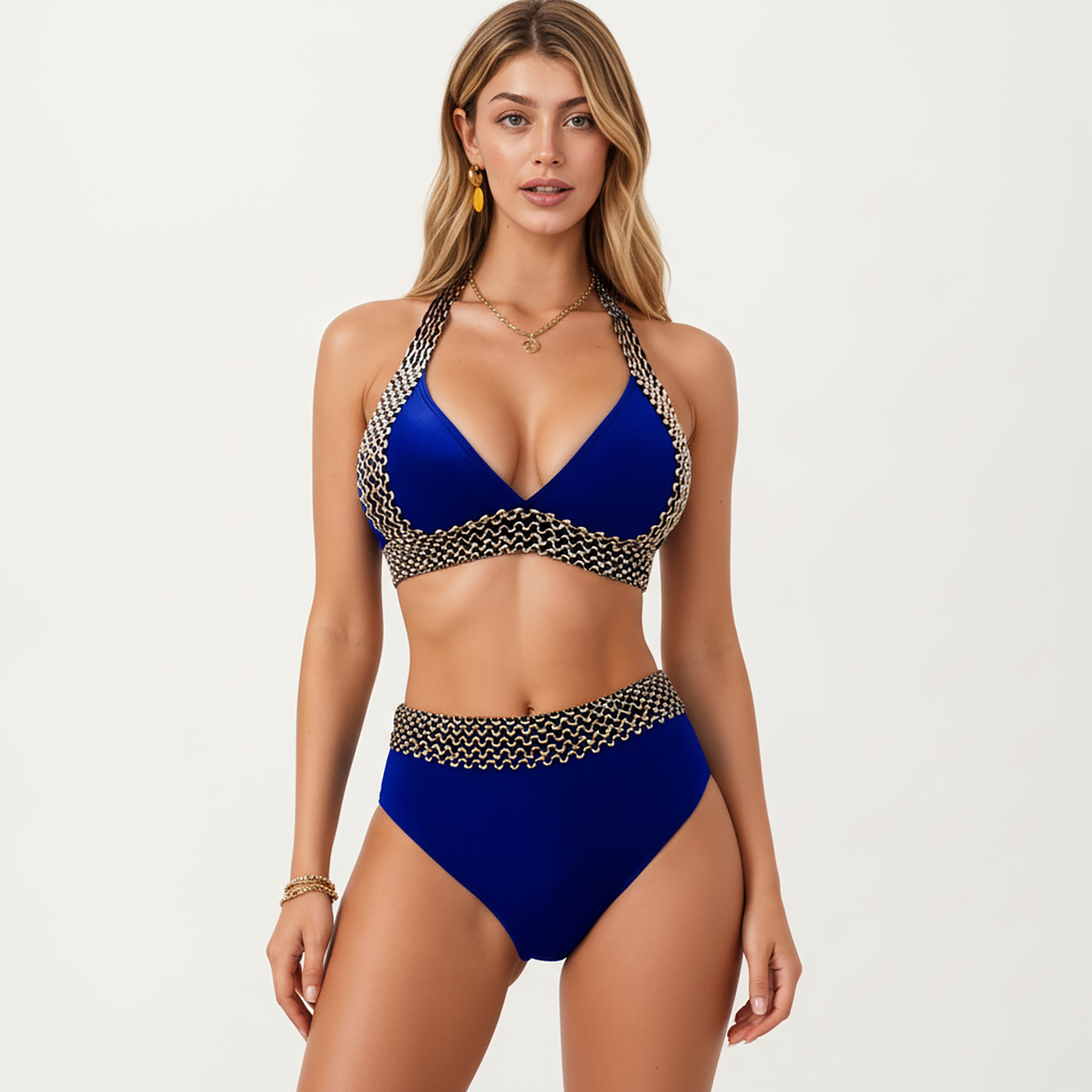 2-Piece High Waisted Bikini Set with Halter Top and Textured Trim Detail