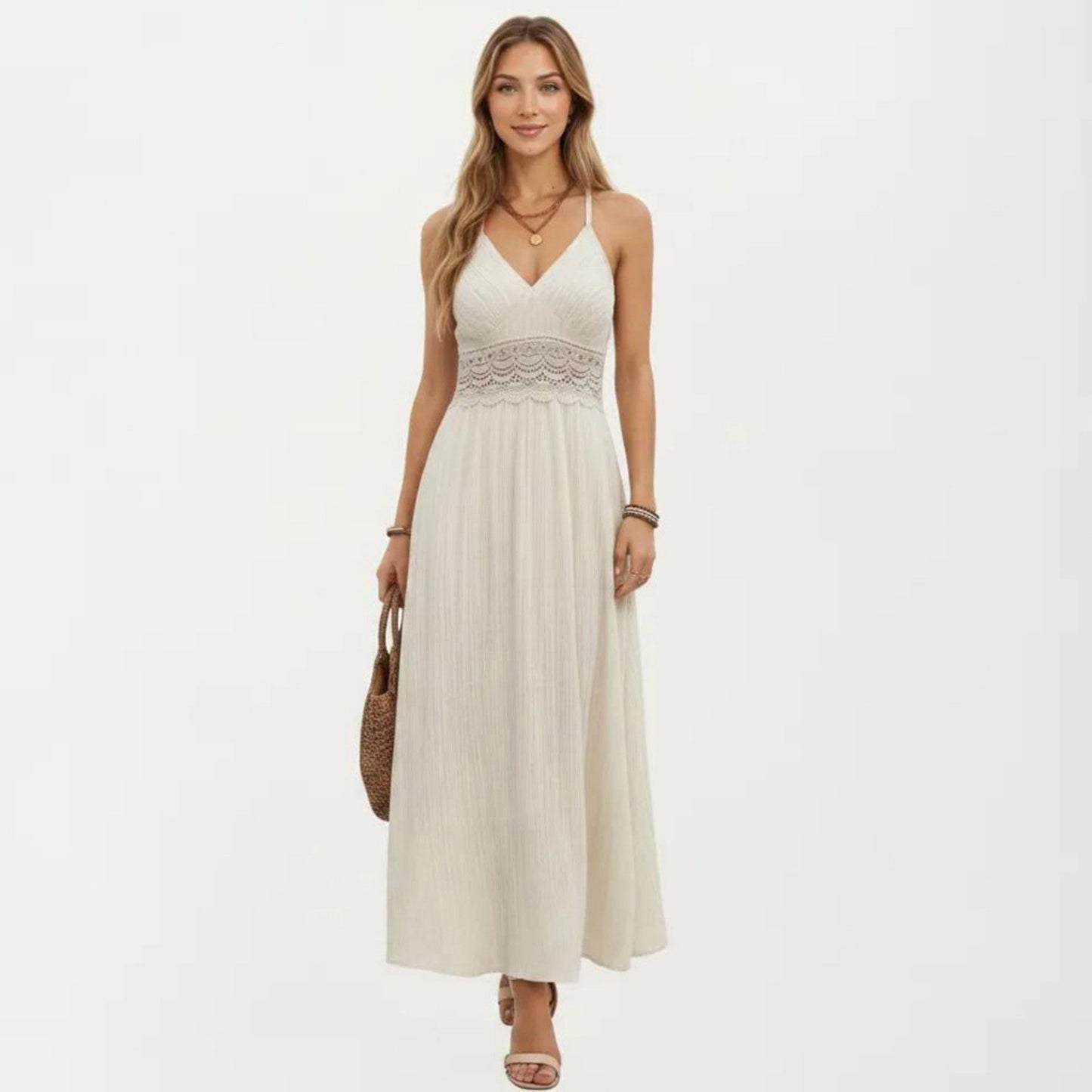 Boho Crochet Lace Inset Maxi Dress with Keyhole Back
