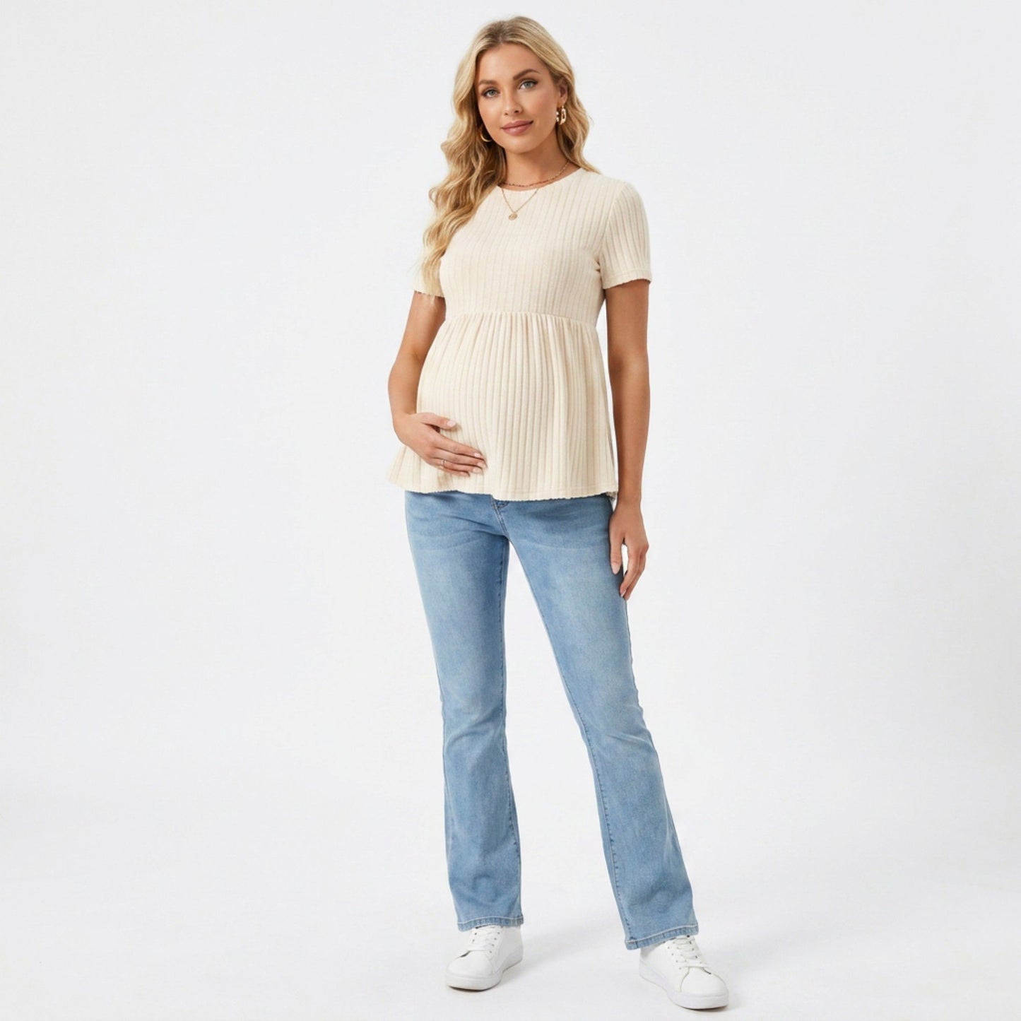 Short Sleeve Rib Knit Peplum Maternity Top with Round Neck