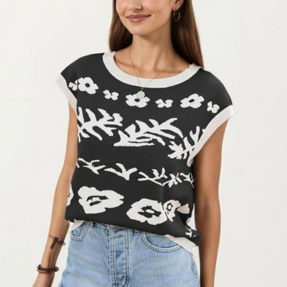 Sleeveless Floral Knit Vest Top with Crew Neck and Contrast Trim