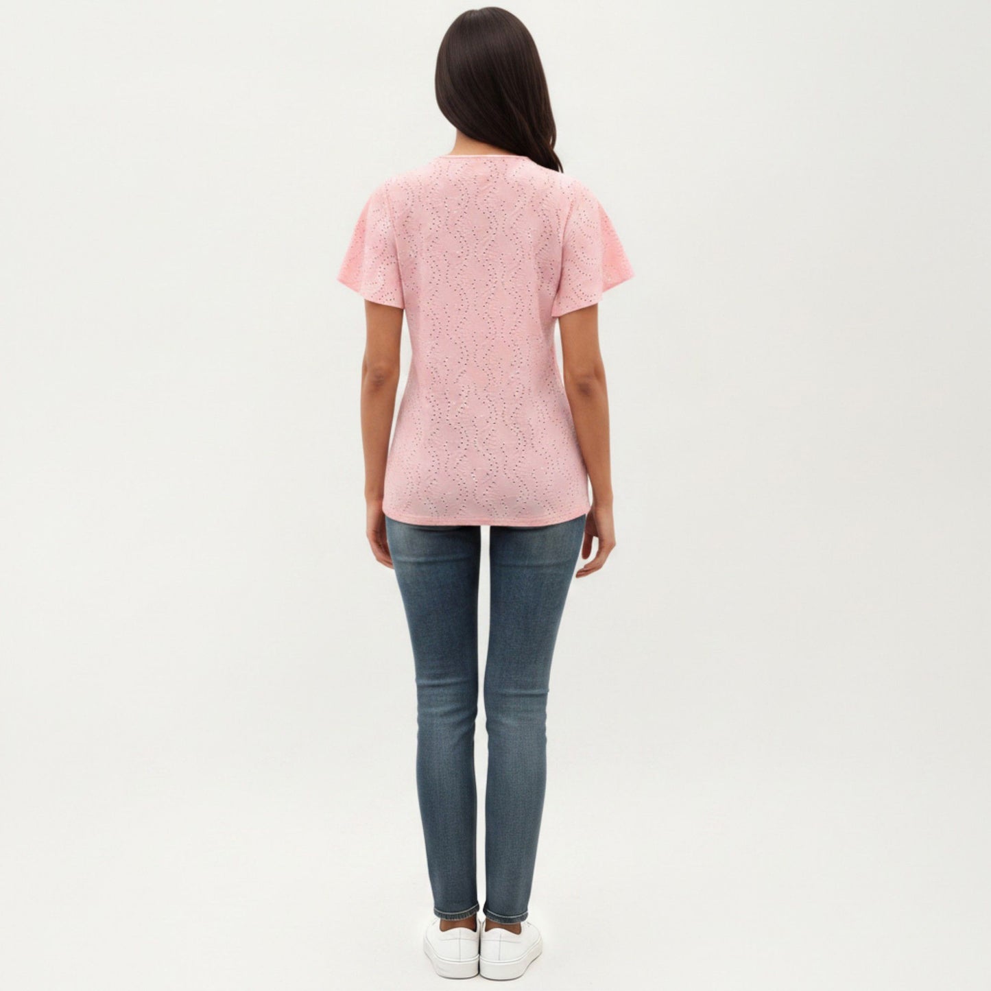 Short Sleeve Eyelet V-Neck Top with Floral Embroidery and Flutter Sleeves