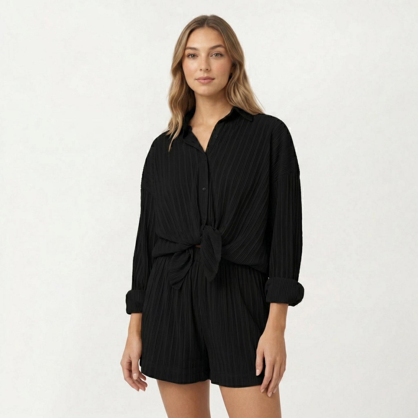 2-Piece Pajama Set Button Down Pajama Shirt and Shorts Long Sleeve Textured Stripe Printed